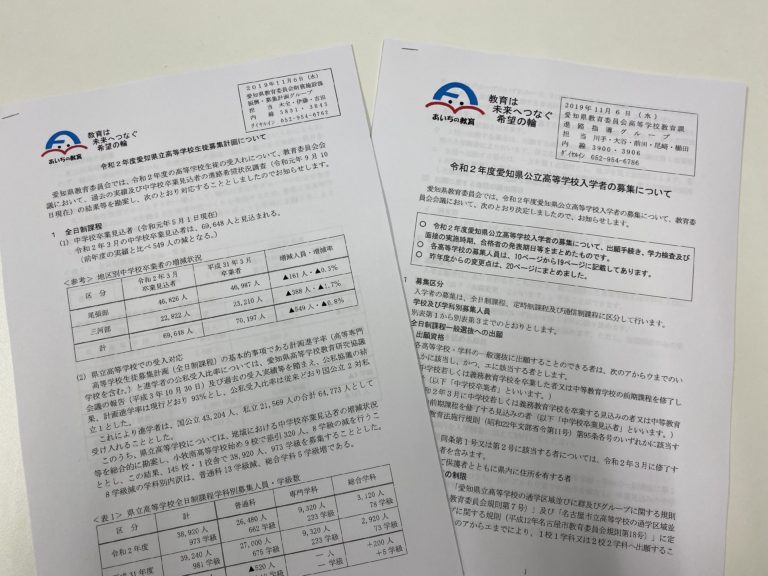 令和２年度愛知県公立高校入試の定員が発表されました！