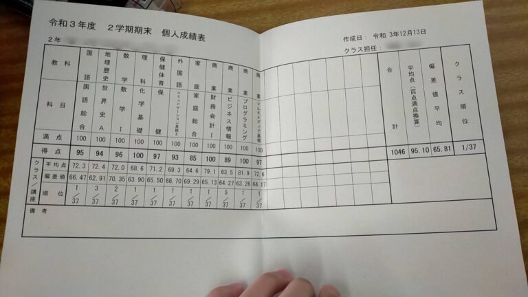 高校生が期末テストの個票を見せてくれました！　連続クラス１位GETです！