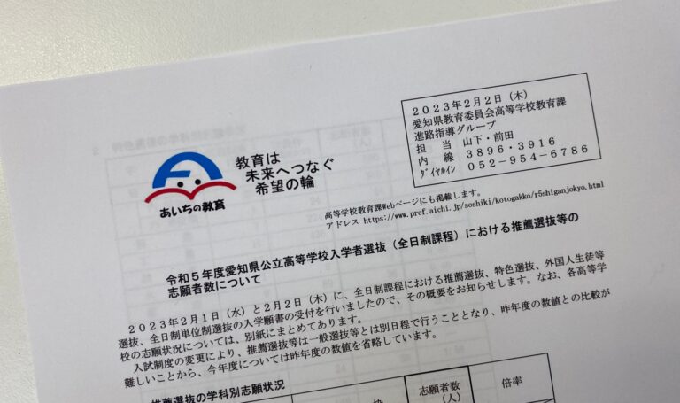 令和５年度愛知県公立高校入試（名古屋市・尾張地区）の専門学科の推薦入試　志願者数と参考倍率です！