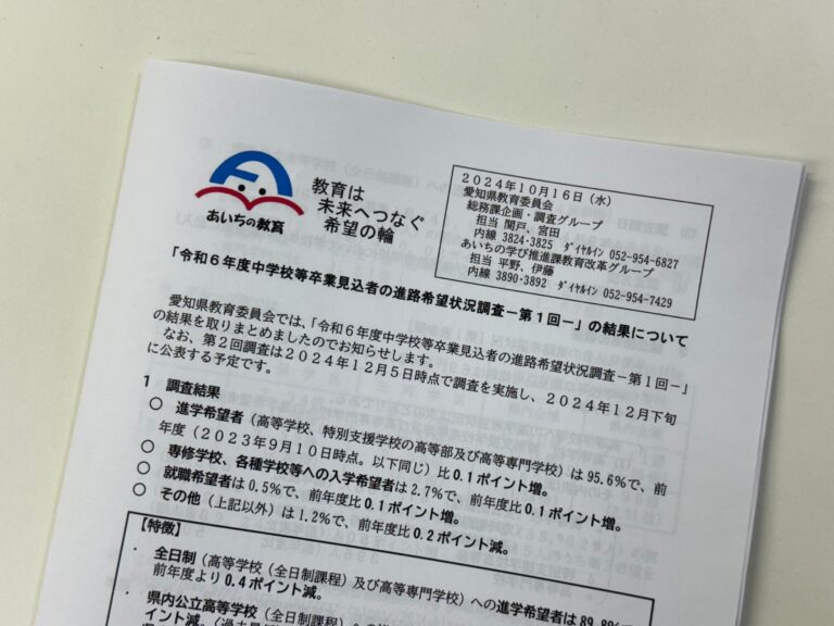 愛知県より、令和６年度　第１回目の進路希望調査結果が発表されました！　私立や通信への人気が高まっています！